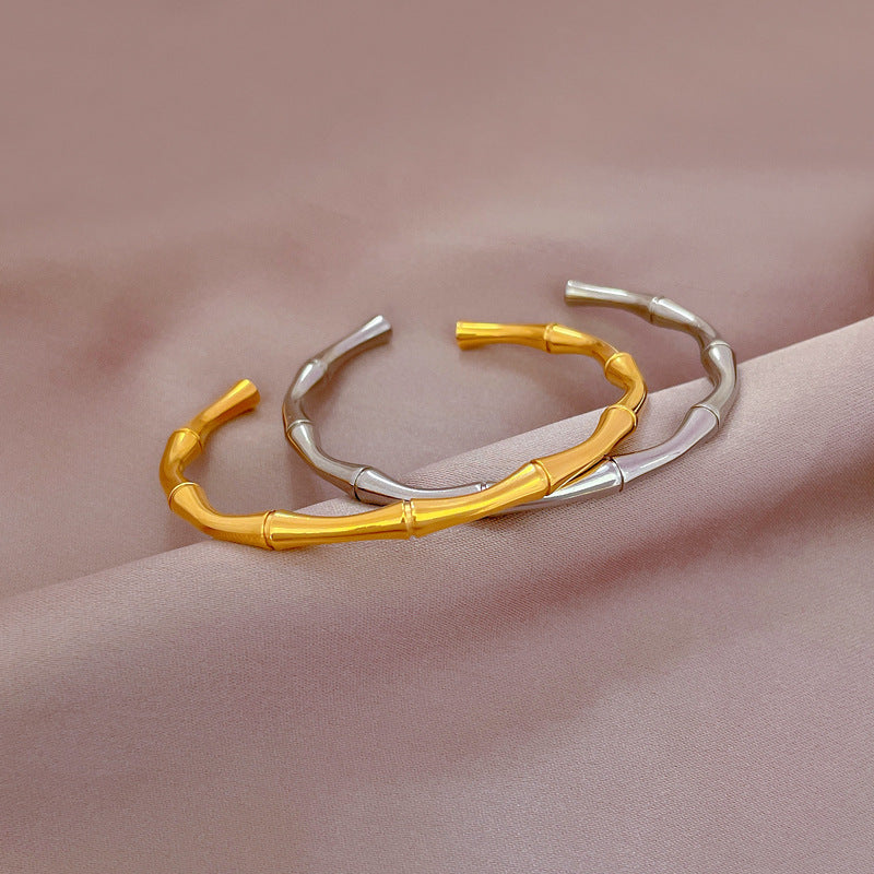 Minimalist Bamboo Joint Titanium Steel Bracelet with Chinese Traditional Auspicious Motifs and Plated Finish