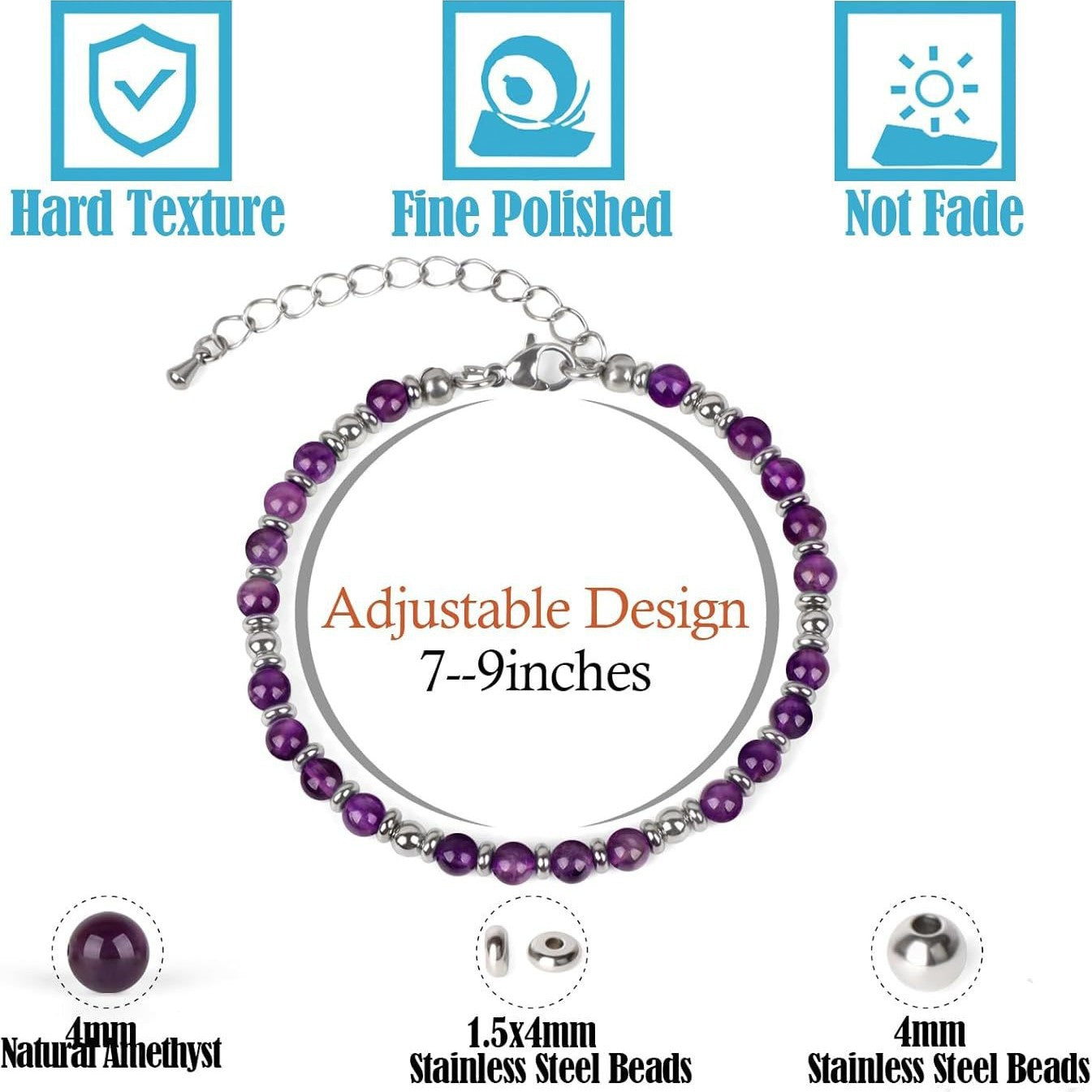 Sweet Geometric Gemstone Beaded Stainless Steel Adjustable Bracelet