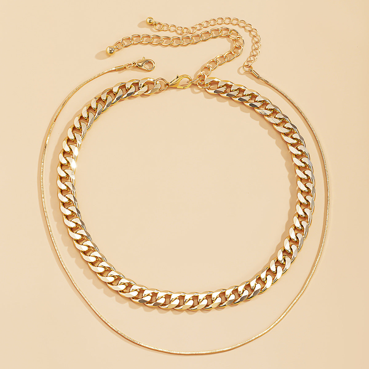 Minimalist Geometric Oval Brass Plated Snake Chain Curb Chain Layered Necklace