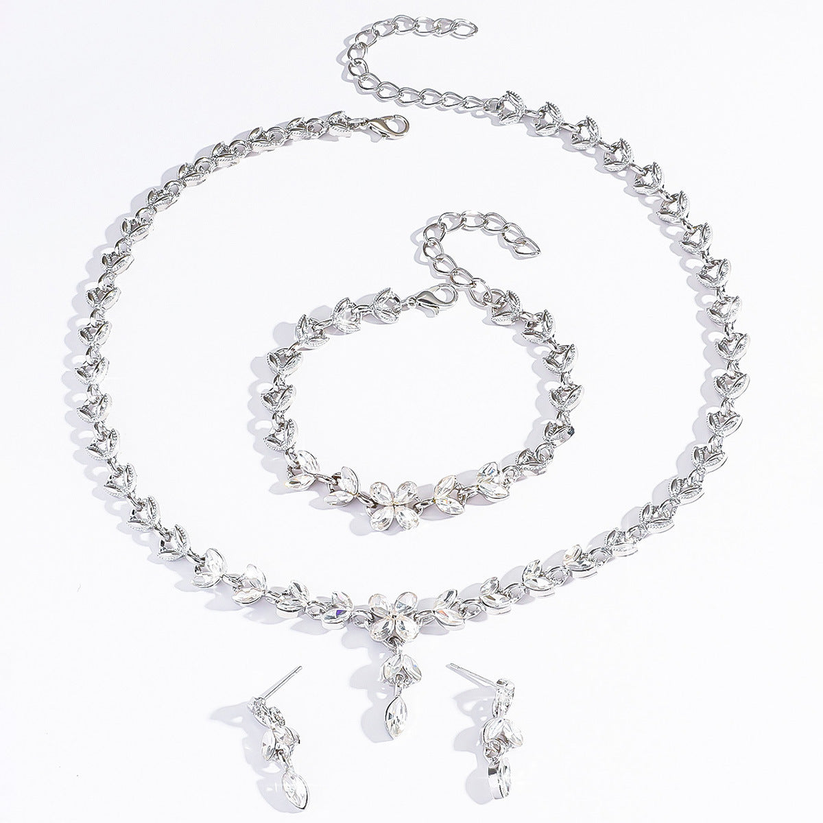 Ethereal Floral Collar Necklace Set with Rhinestone Inlay for Women - Matching Bracelet and Stud Earrings for Party and Evening Wear