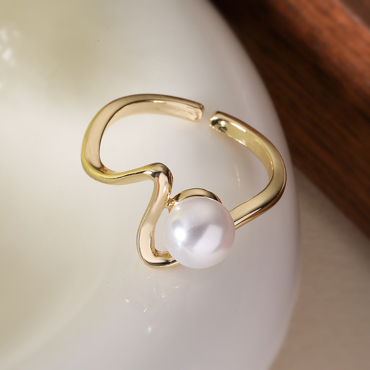Geometric Open Ring for Women with Copper Base Plated in 18K Gold Featuring Zircon and Pearl Accents Minimalist Fashion Accessory
