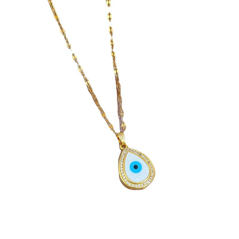 Collana con ciondolo a forma di occhio d'angelo geometrico naturale da donna in acciaio inossidabile con strass micro-pavé su catena a labbra