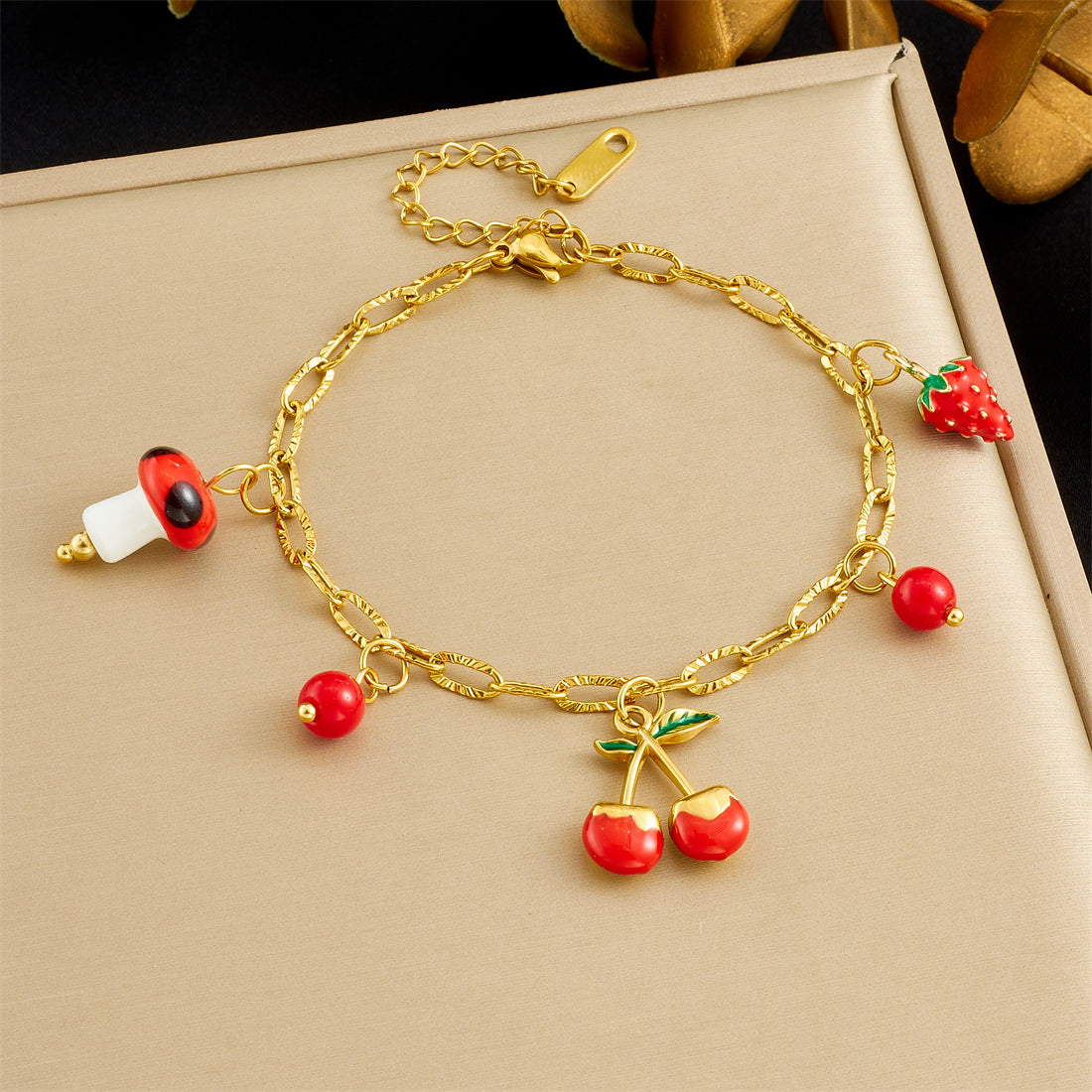 Sweet Gold Plated Stainless Steel Cherry Strawberry Pendant Bracelet