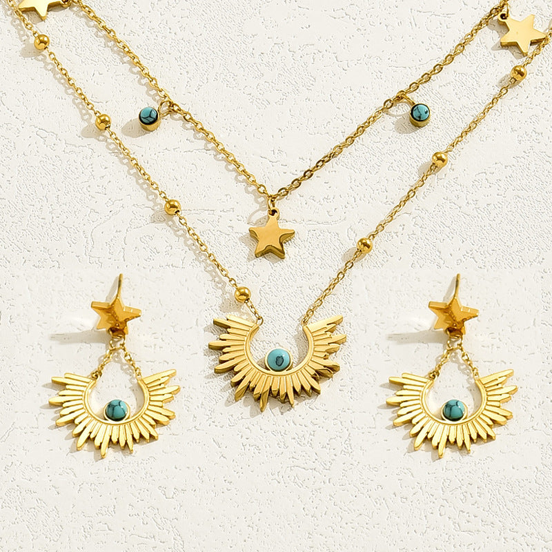 Juego de collar y pendientes de cobre con incrustaciones de turquesa floral de moda para mujer con diseño de pétalos