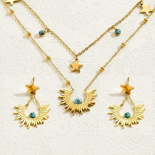 Set Collana e Orecchini da Donna in Rame con Intarsi Floreali Turchesi alla Moda e Design a Petalo