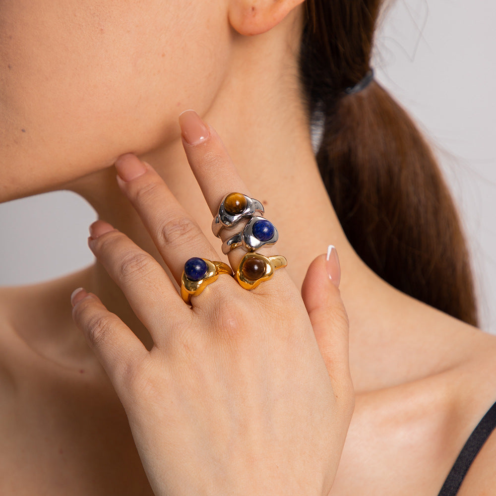 Fashion 18K Gold Plated Stainless Steel Heart Shape Tiger Eye Stone Ring for Women