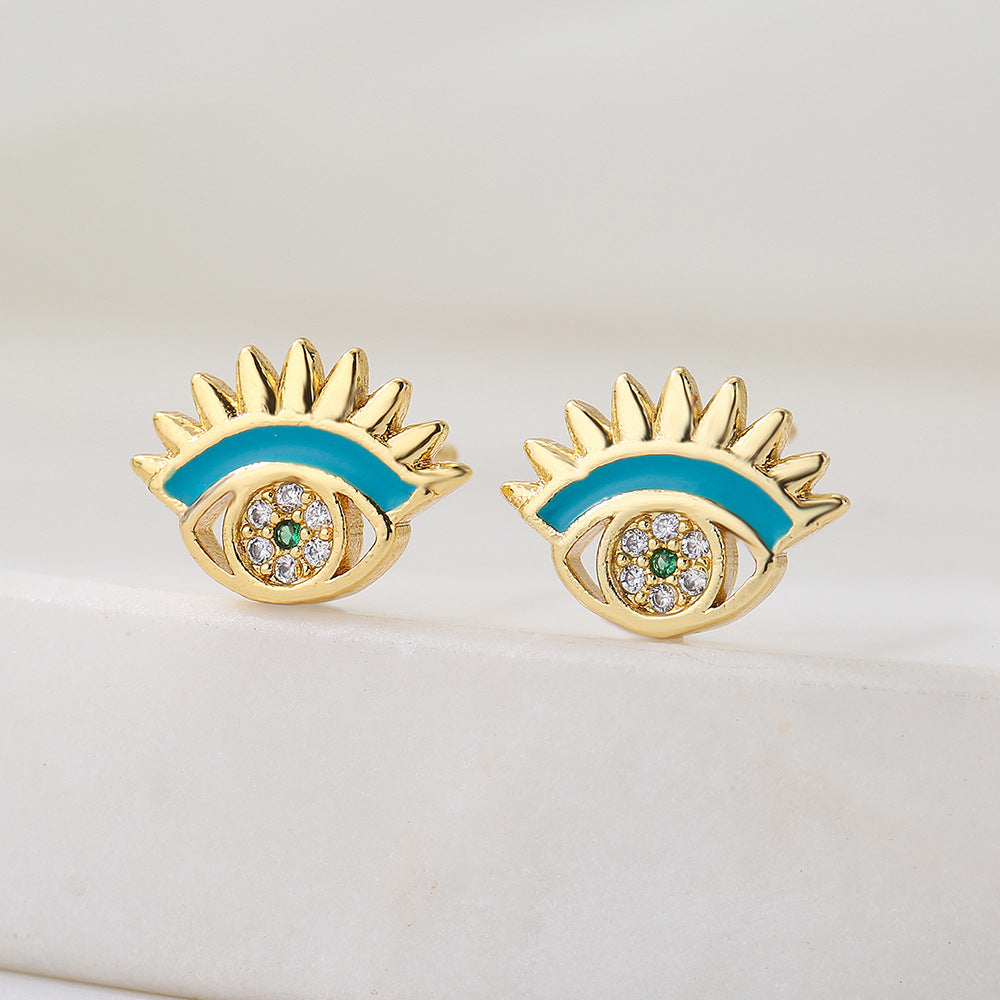 Orecchini a forma di occhio di Horo geometrici da donna realizzati in rame con placcatura in oro vero e finitura smaltata con intarsio di zirconi cubici