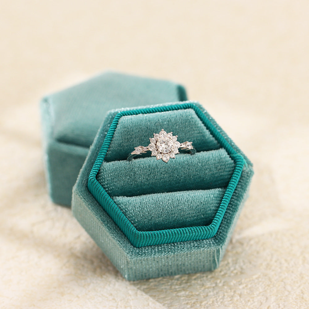 Luxury Elegant Round Geometric Floral Inlaid Cubic Zirconia 925 Sterling Silver Ring for Women Wedding Engagement