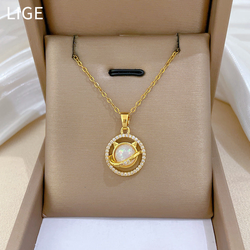 Collana con Ciondolo Rotondo a Gatto in Stile Cartone Animato per Donna Catena in Acciaio Inossidabile con Strass Design Geometrico Minimalista