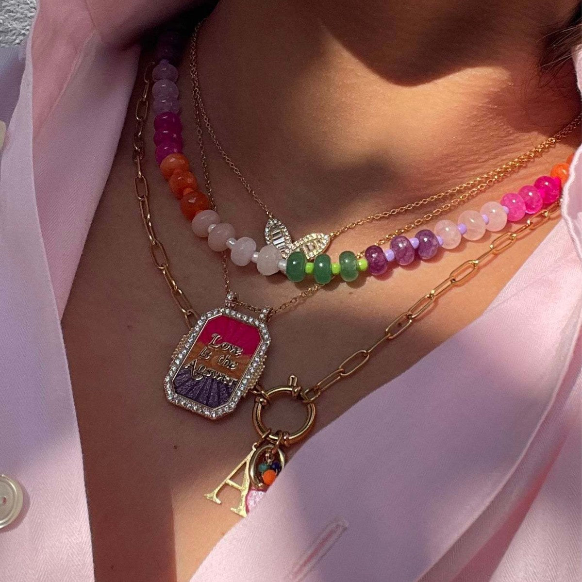 Collana Pendente Tarocchi Geometrica Vintage con Intarsio di Strass e Catena in Rame Placcato Oro