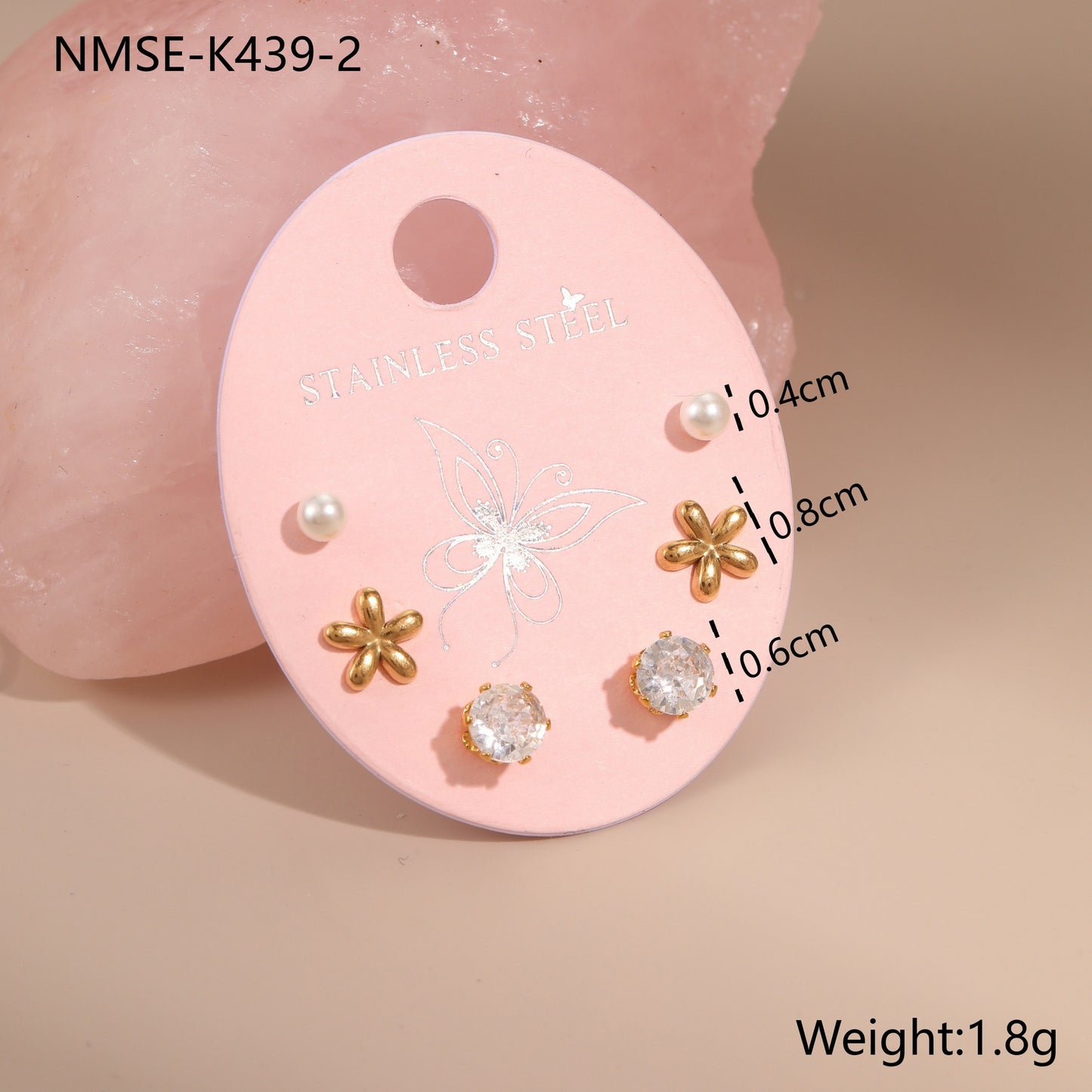 Orecchini a perno geometrici in acciaio inossidabile da donna, set da tre con intarsi di strass
