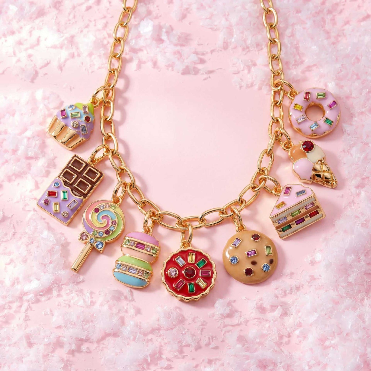 Collana pendente in ottone con ciondolo a barra a goccia dipinto a olio placcato oro 14K vintage con dessert cibo