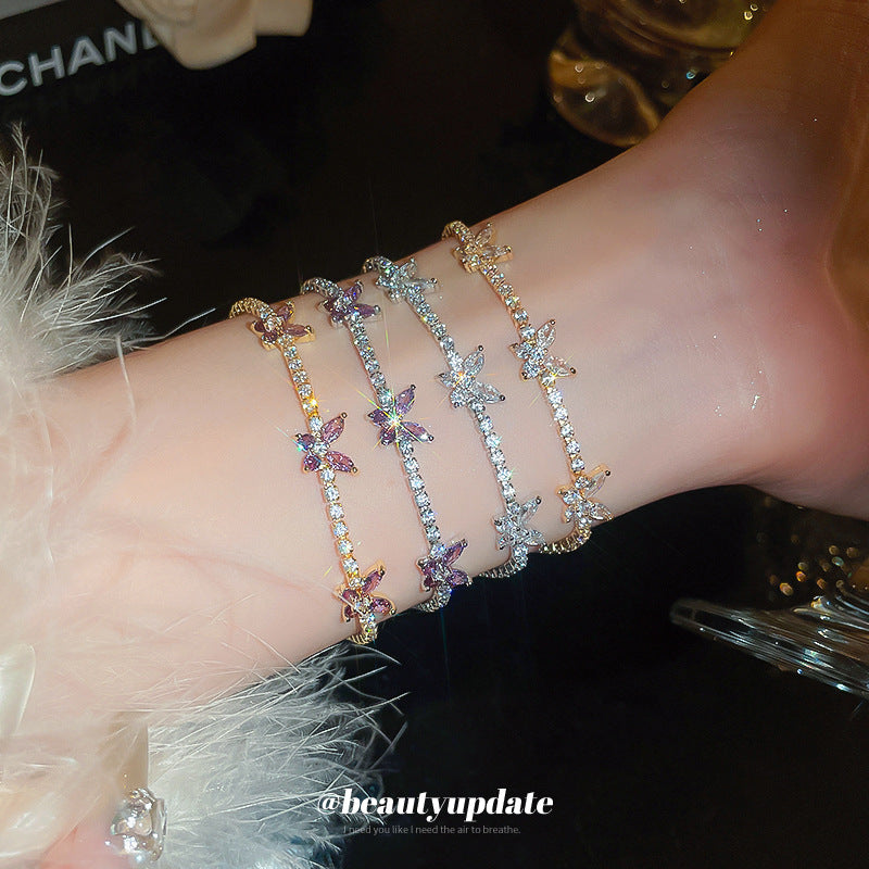 Luxury Floral Bracelet with Zircon Inlay for Women, Elegant Fashion Hand Chain with Butterfly Motif