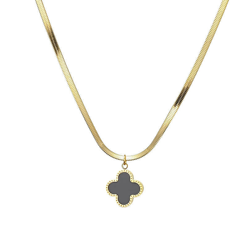 Fashionable Clover Leaf Pendant Necklace for Women with Titanium Steel Flat Snake Chain and Floral Design