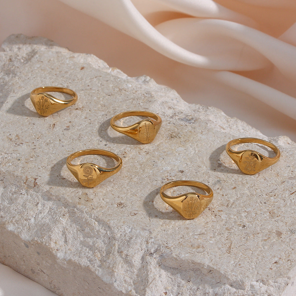 Anello da donna alla moda in acciaio inossidabile a forma di girasole con finitura galvanica e motivo lavanda inciso