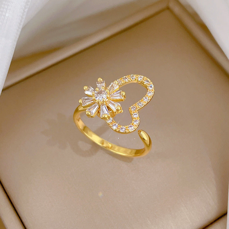 Sweet Gold Plated Brass Rotating Flower Crown Cubic Zirconia Adjustable Ring for Women and Couples