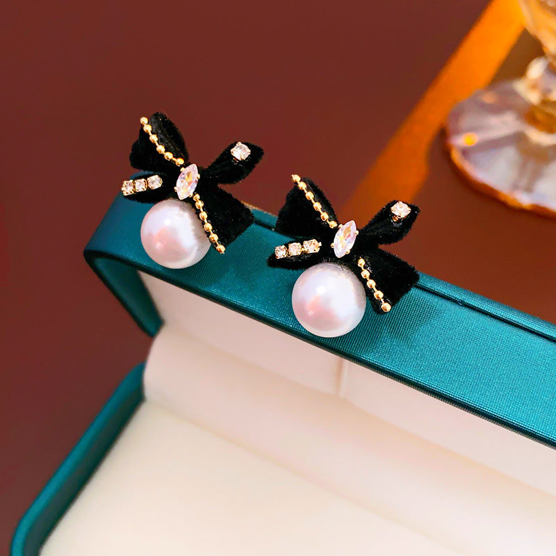 Vintage Geometric Earrings with Black Enamel and Pearl Accents on 925 Sterling Silver Posts