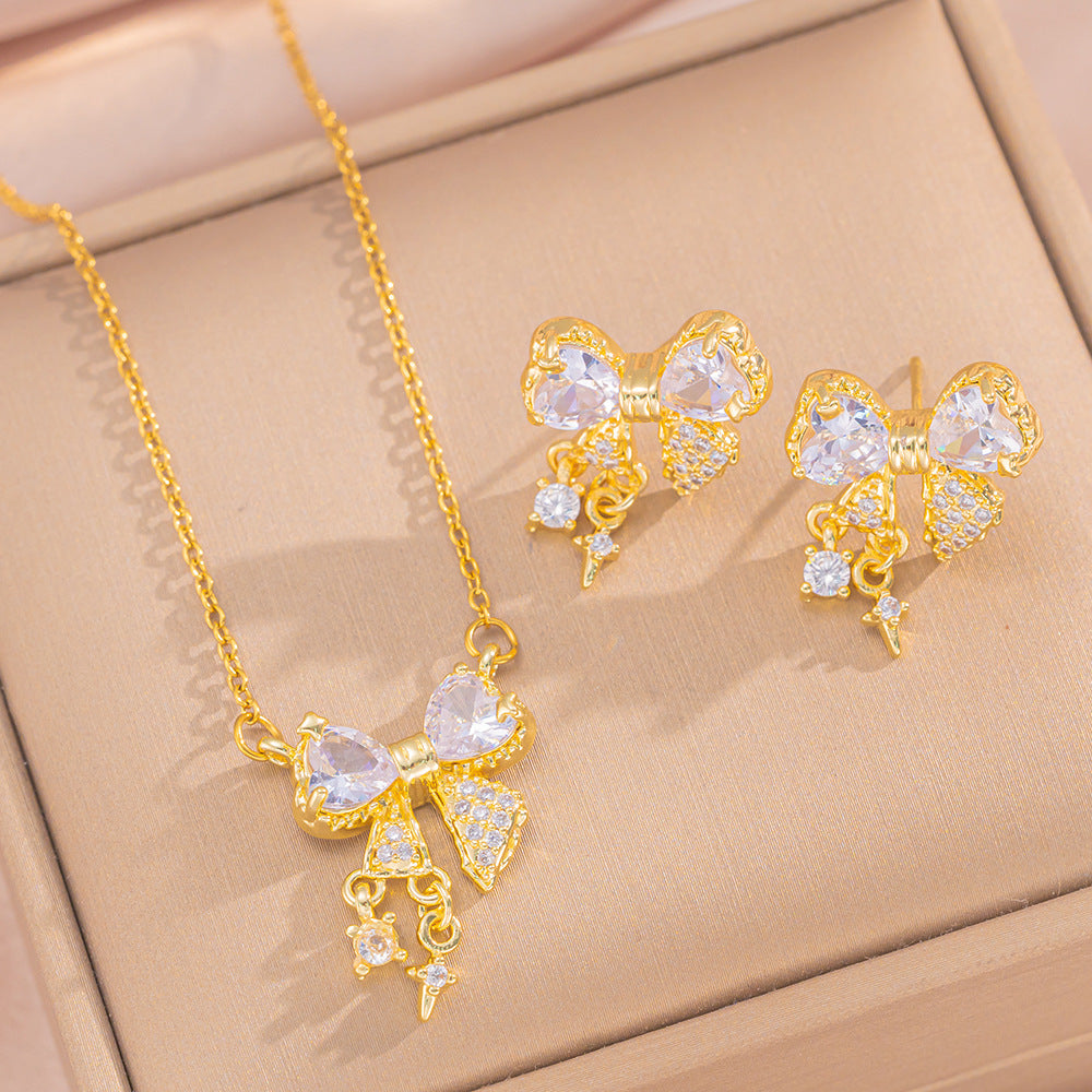 Fashionable Bowknot Pendant Necklace Set for Women in Titanium Steel with Rhinestone Inlay and O-Chain