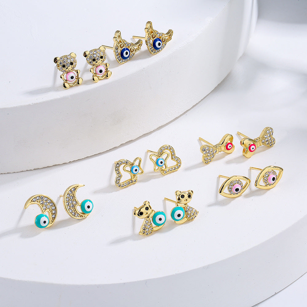 Minimalist Geometric Animal Stud Earrings in Copper with 18K Gold Plating and Enamel Finish with Zirconia Inlay