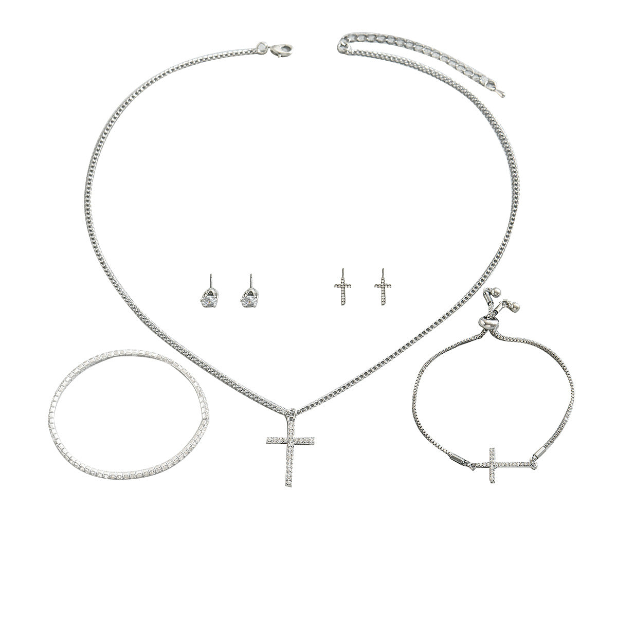 Set di gioielli in lega con ciondolo a croce minimalista con intarsio di strass per donna, include orecchini, bracciale e collana