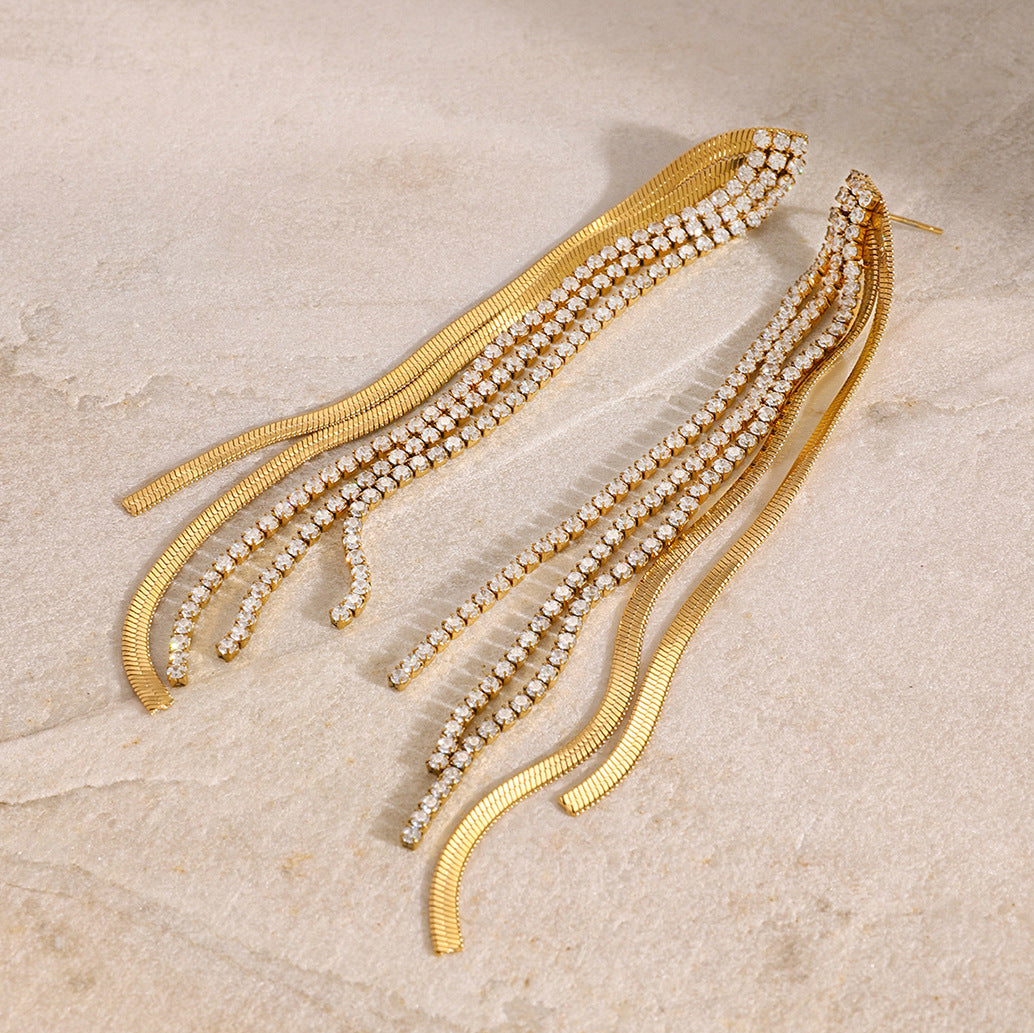 Pendientes colgantes geométricos de acero inoxidable con baño y detalles de diamantes de imitación para mujer