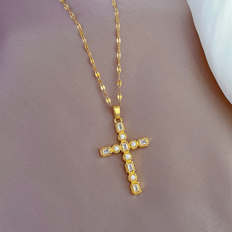 Vintage Luxury Titanium Steel Cross Collar Chain with Zircon Inlay