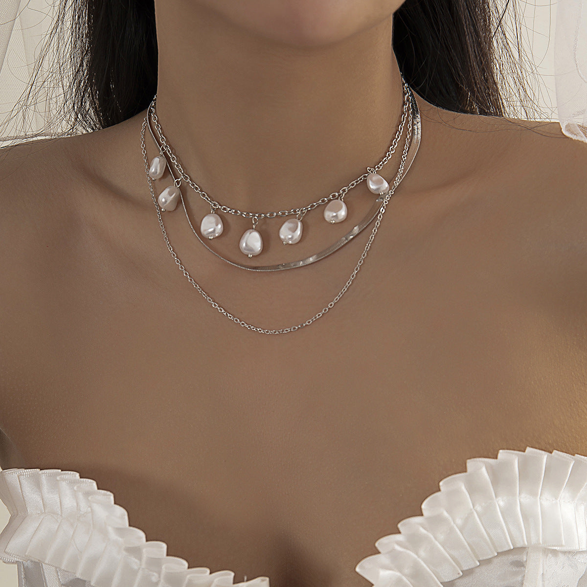 Sweet Plated Alloy Heart Star Round Faux Pearl Pendant Snake Chain Necklace for Women