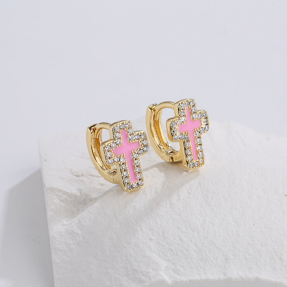 Orecchini geometrici minimalisti in rame placcati in oro 18 carati con smalto in zirconia micro-pavé