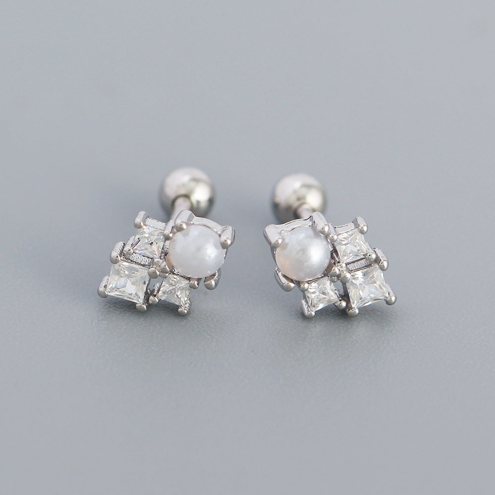 Orecchini da donna geometrici minimalisti a lobo, a vite, con zirconi quadrati in argento sterling S925 con finitura galvanica