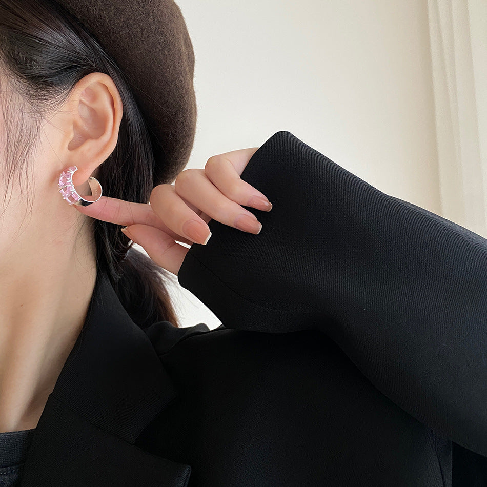 Minimalist Teardrop-Shaped 925 Sterling Silver Stud Earrings with Pink Cubic Zirconia Accent and Pearl Inlay