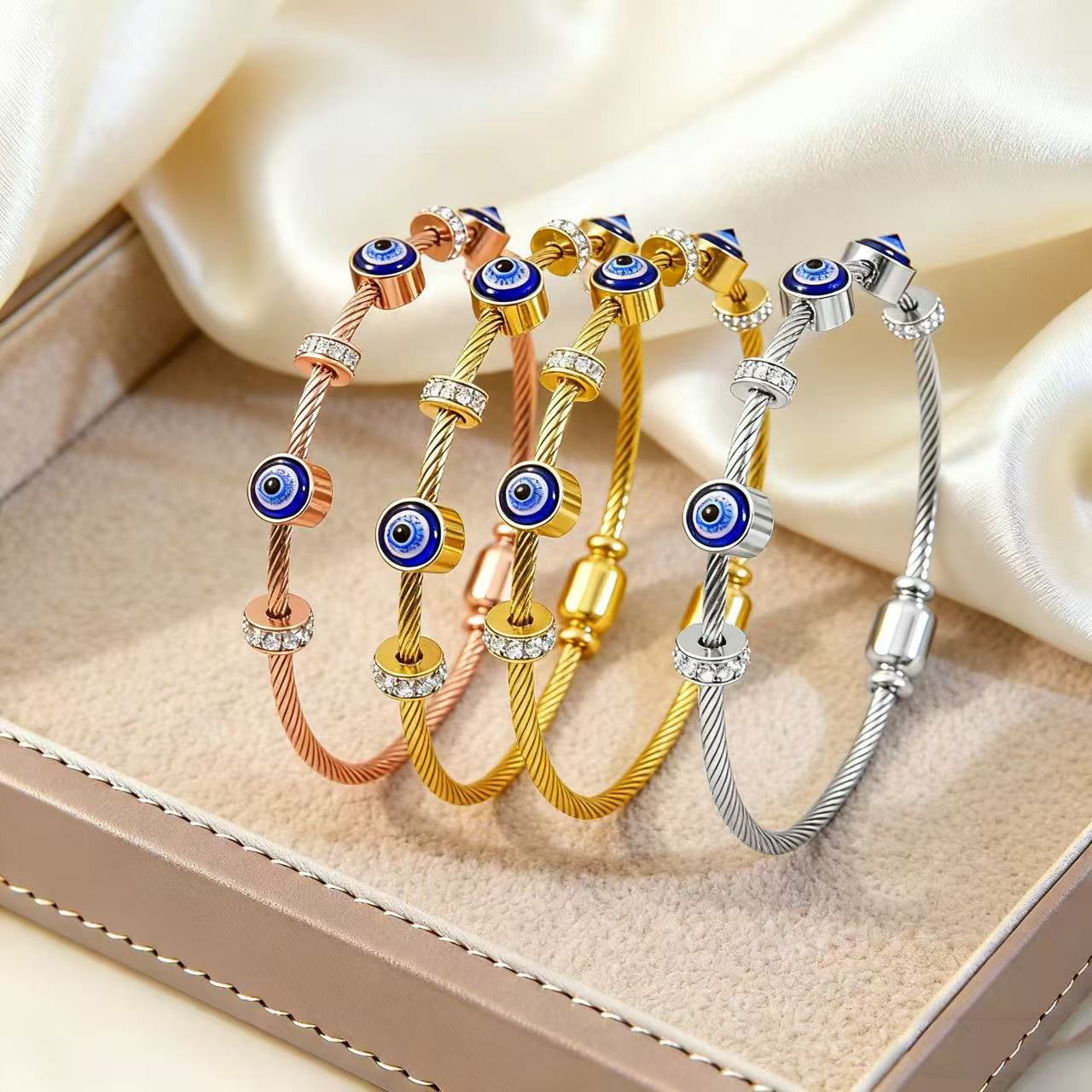 Vintage 18K Gold Plated Titanium Steel Drip Oil Evil Eye Bracelet with Rhinestones