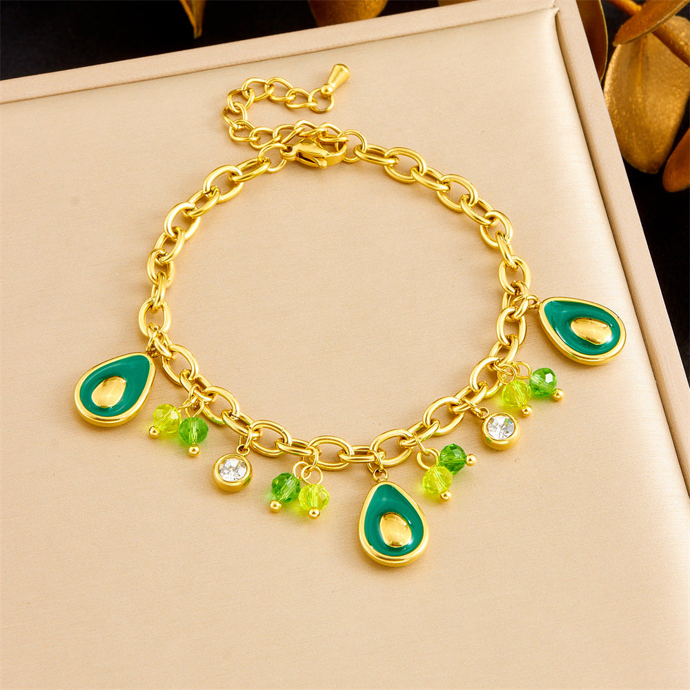 Sweet Cartoon Drip Oil Plated Stainless Steel Bracelet with Lemon Avocado Watermelon Pineapple Charms