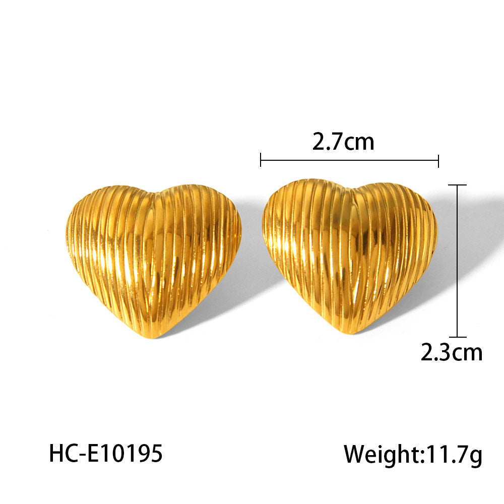 Trendy Minimalist Heart Shaped 18K Gold Plated Stainless Steel Earrings with Linear Texture for Women