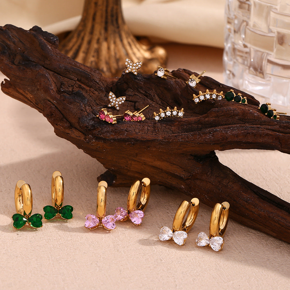 Fashionable Minimalist Geometric Round Floral Micro-Paved Stainless Steel Earrings with 18K Gold Plating for Women