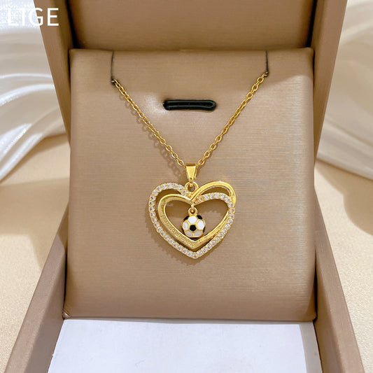 Sweet Luxury Heart Drip Oil Rhinestone Pendant Necklace Titanium Steel Cable Chain for Unisex