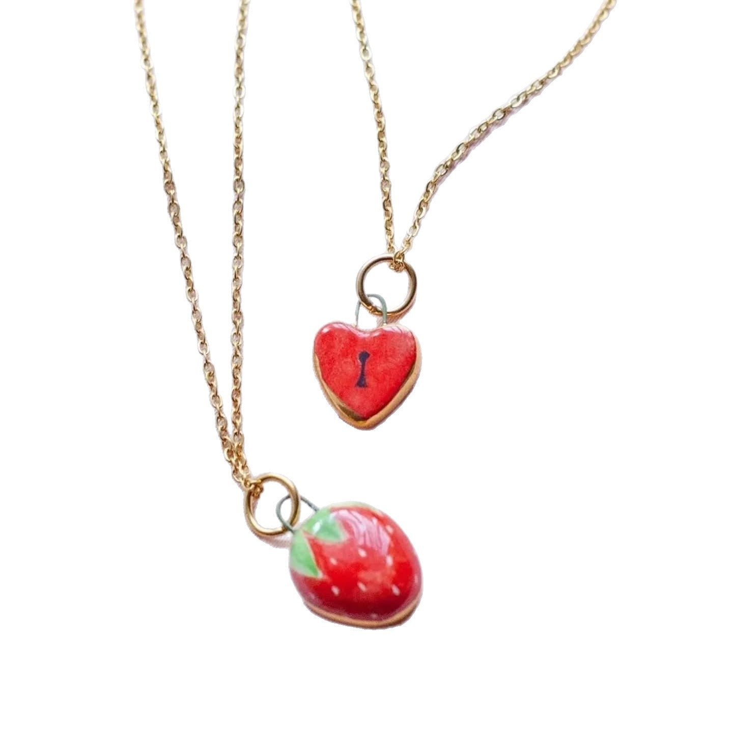 Vintage 18K Gold Plated Stainless Steel Heart Strawberry Drip Oil Charm Bar
