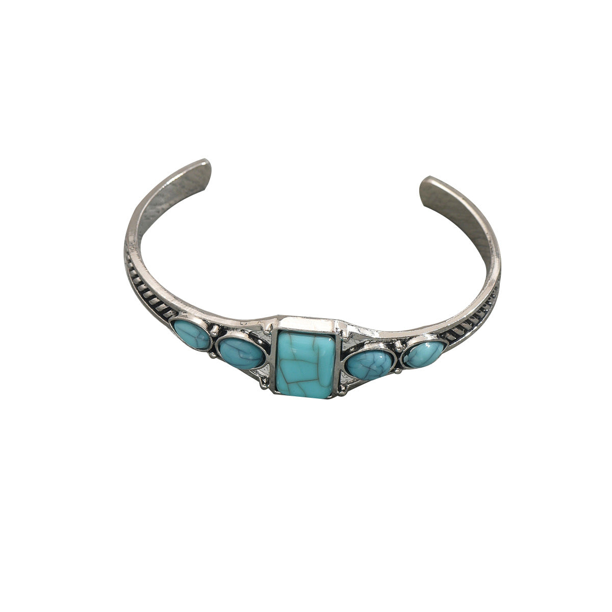 Pulsera de turquesa con incrustaciones geométricas vintage para mujer, brazalete ajustable con patrones circulares y de anillos