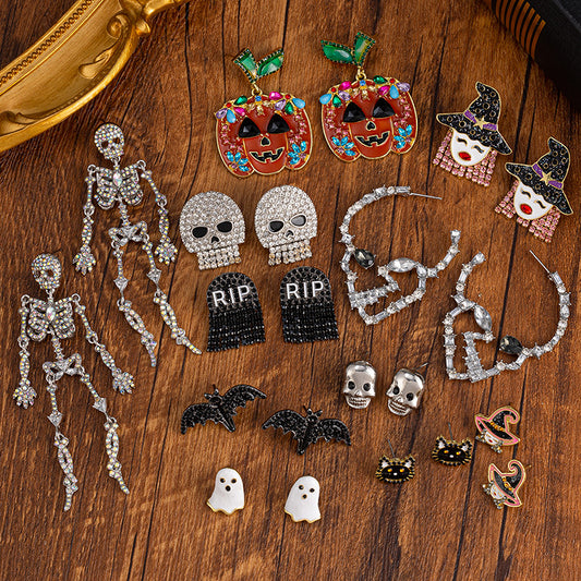 Elegant Halloween Skull Stud Earrings with Rhinestone Accents in Zinc Alloy Featuring Witch, Pumpkin, and Bat Motifs