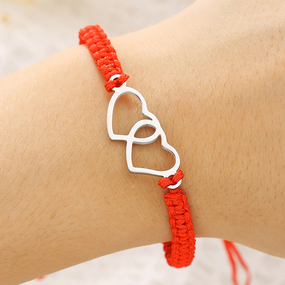 Handmade Stainless Steel Double Heart Bracelet Unisex Adjustable Red Cord Friendship Jewelry