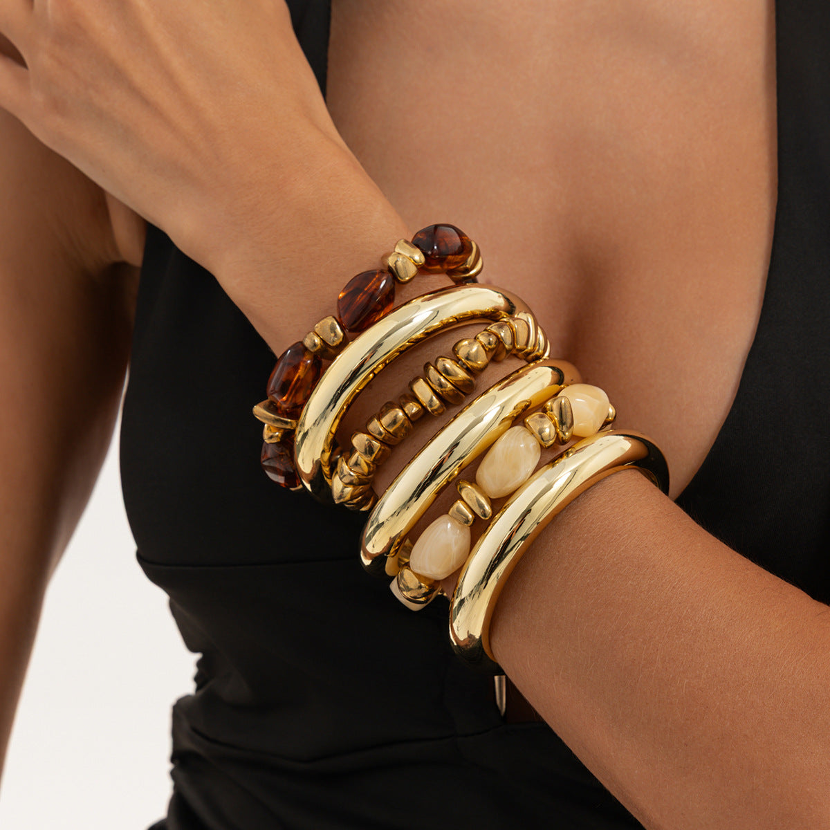 Vintage Elegant Geometric Resin Beaded Bracelet Set Plated Irregular CCB Beads