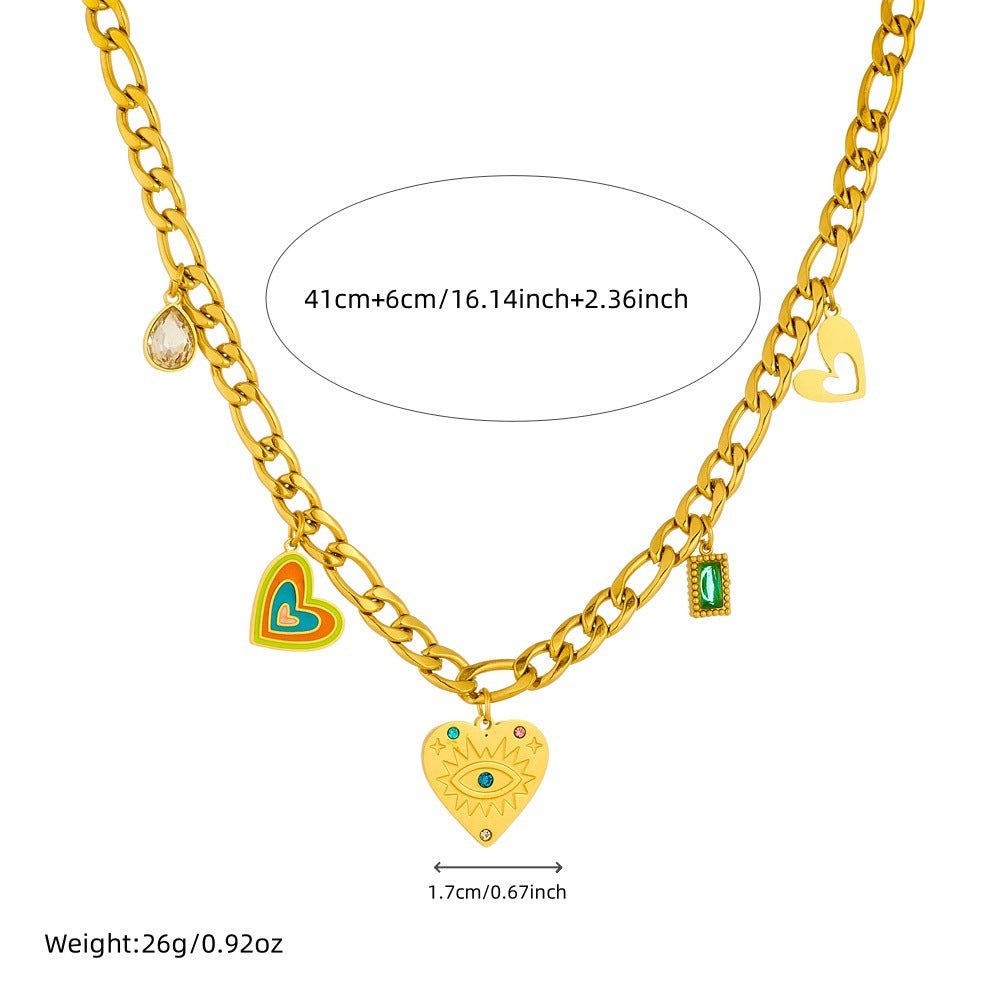 Fashionable Heart-Shaped Enamel Pendant Necklace with Rhinestone Inlay on Gold-Plated Stainless Steel Snake Chain for Women