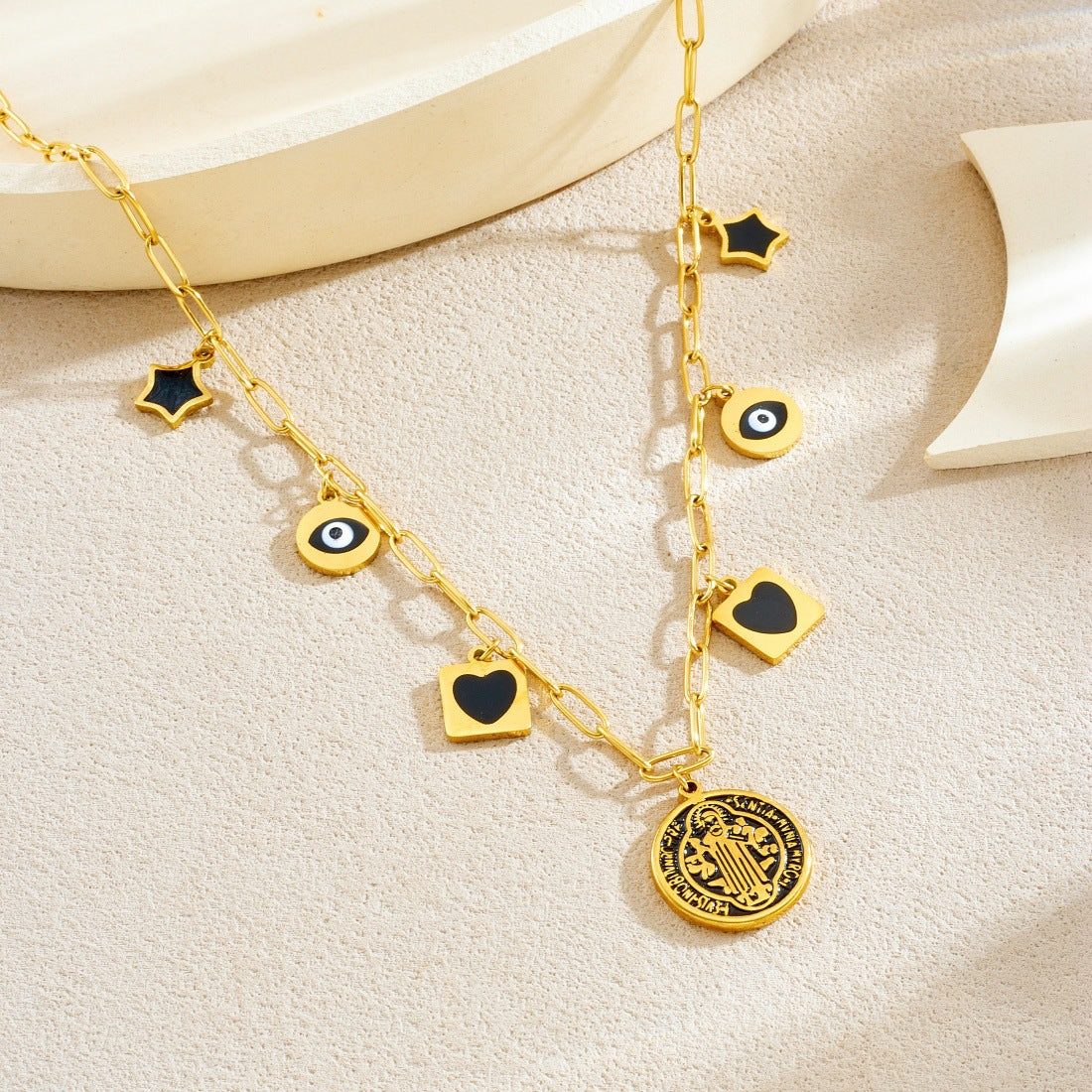 Chic Gold Plated Drip Oil Heart Floral Star Round Stainless Steel Pendant Necklace for Women