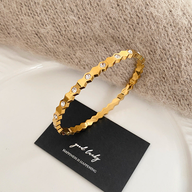 Minimalist Luxury Geometric Cubic Zirconia Plated Titanium Steel Half Bangle