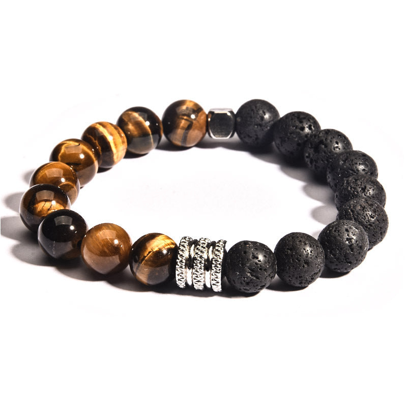 Geometric Stainless Steel Men's Bracelet with Tiger Eye Volcanic Map Stone Beads