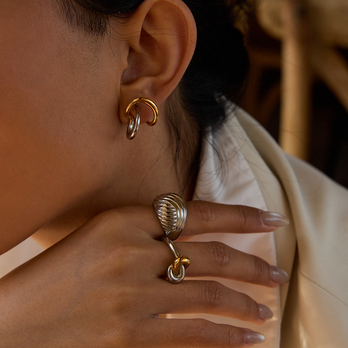Geometric Plated Stainless Steel Ring for Women