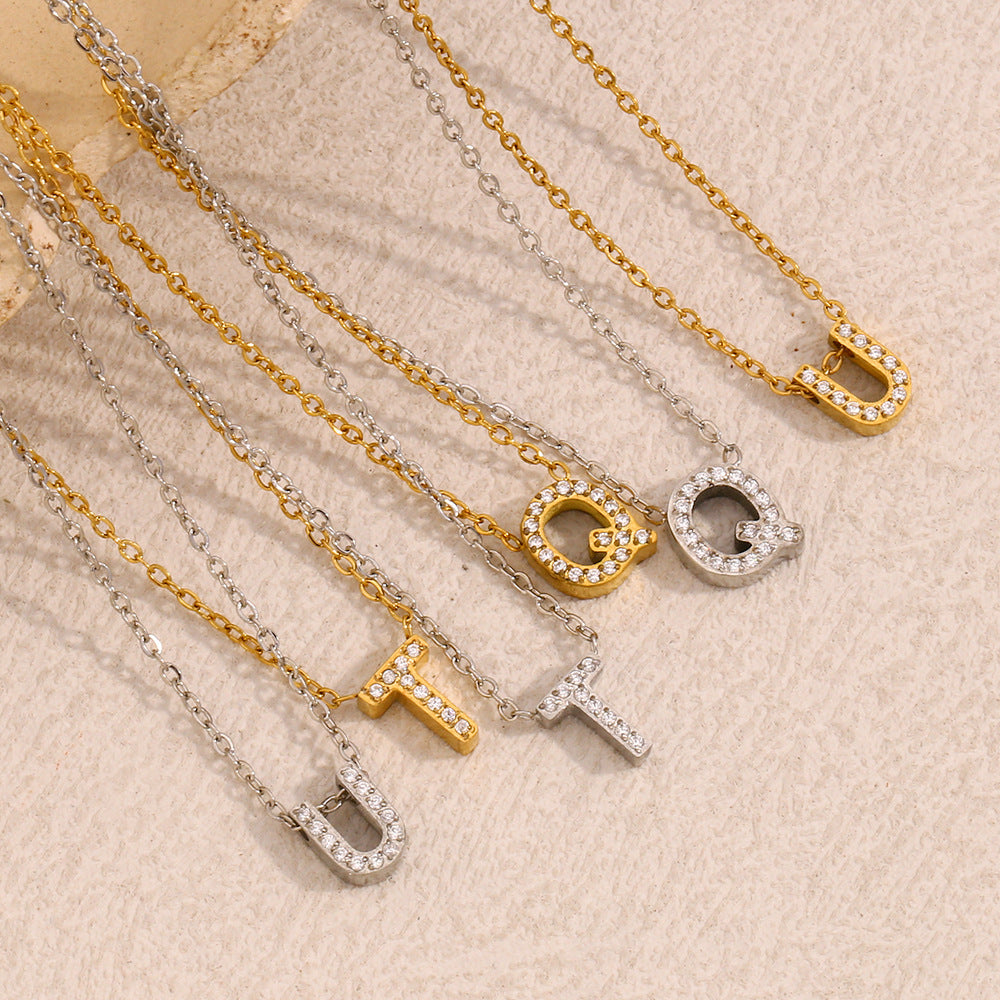 Minimalist Fashion Letter Pendant Necklace for Women Stainless Steel with 18K Gold Plating and Rhinestone Inlay