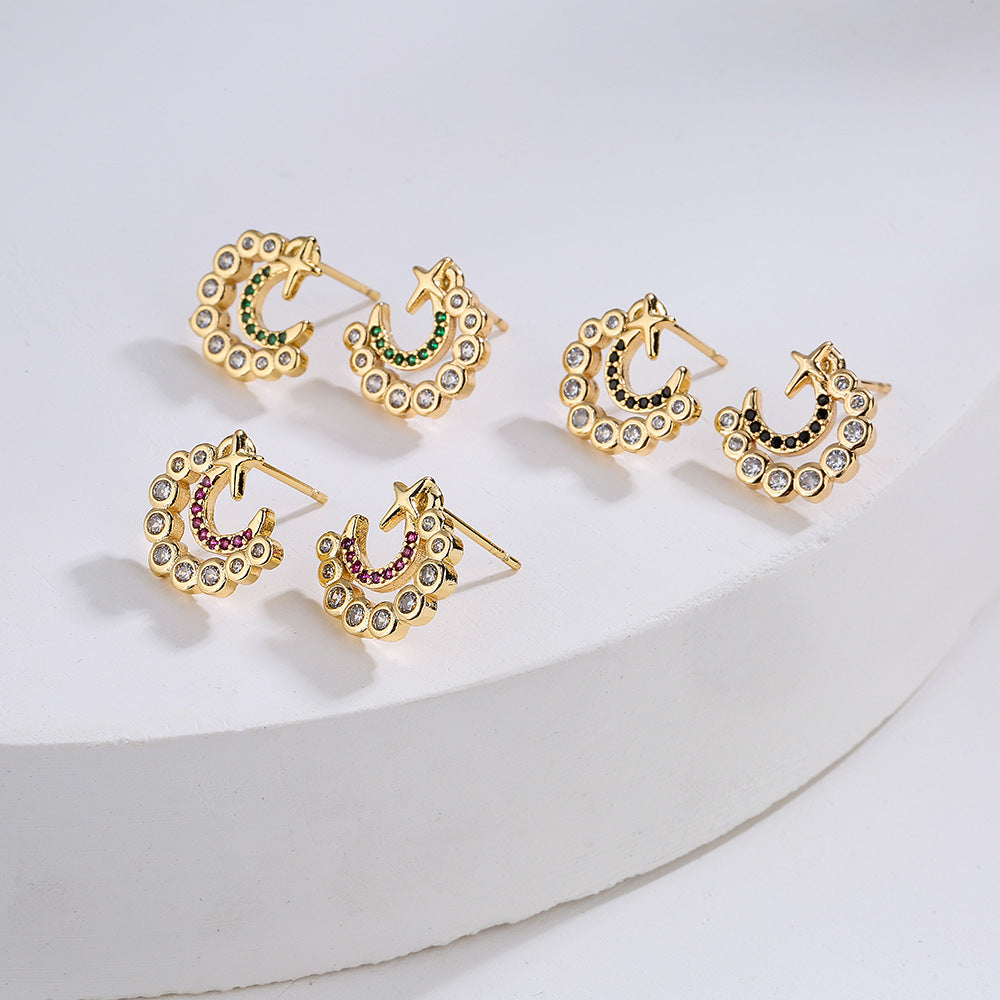 Minimalist Geometric Moon and Star Stud Earrings in Copper with 18K Gold Plating and Micro-Pave Zirconia