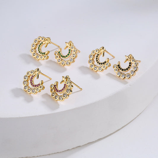 Orecchini a perno geometrici minimalistici con luna e stella in rame placcato oro 18K e zirconia micropavé