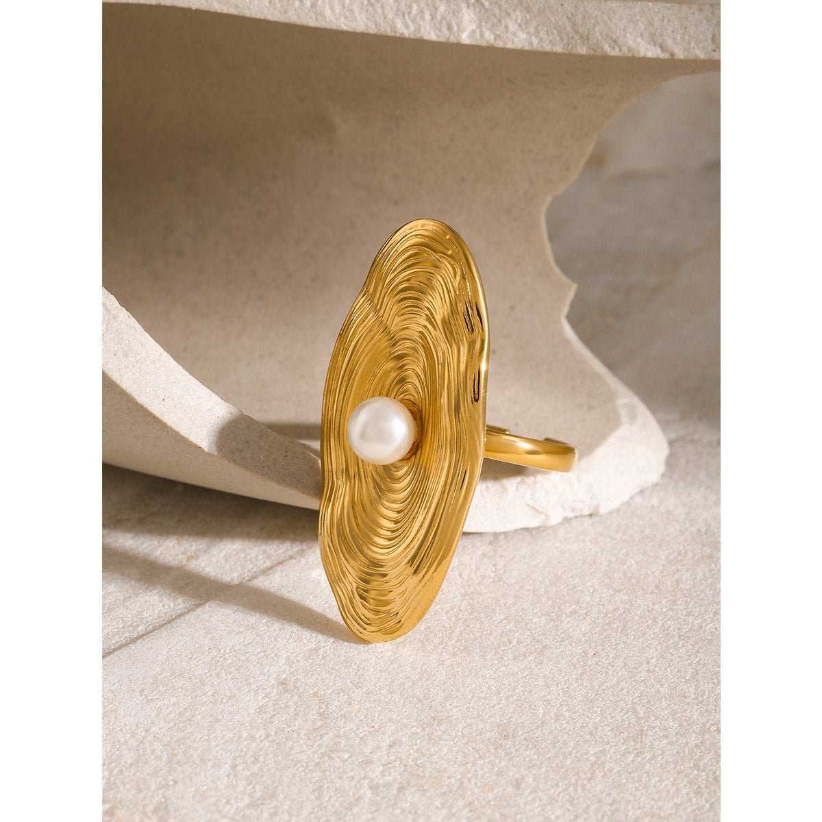 18K Gold Plated Irregular Stainless Steel Pearl Ring for Women