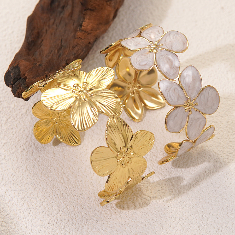 Elegant Floral Drip Oil Stainless Steel Flower Open Cuff Bracelet